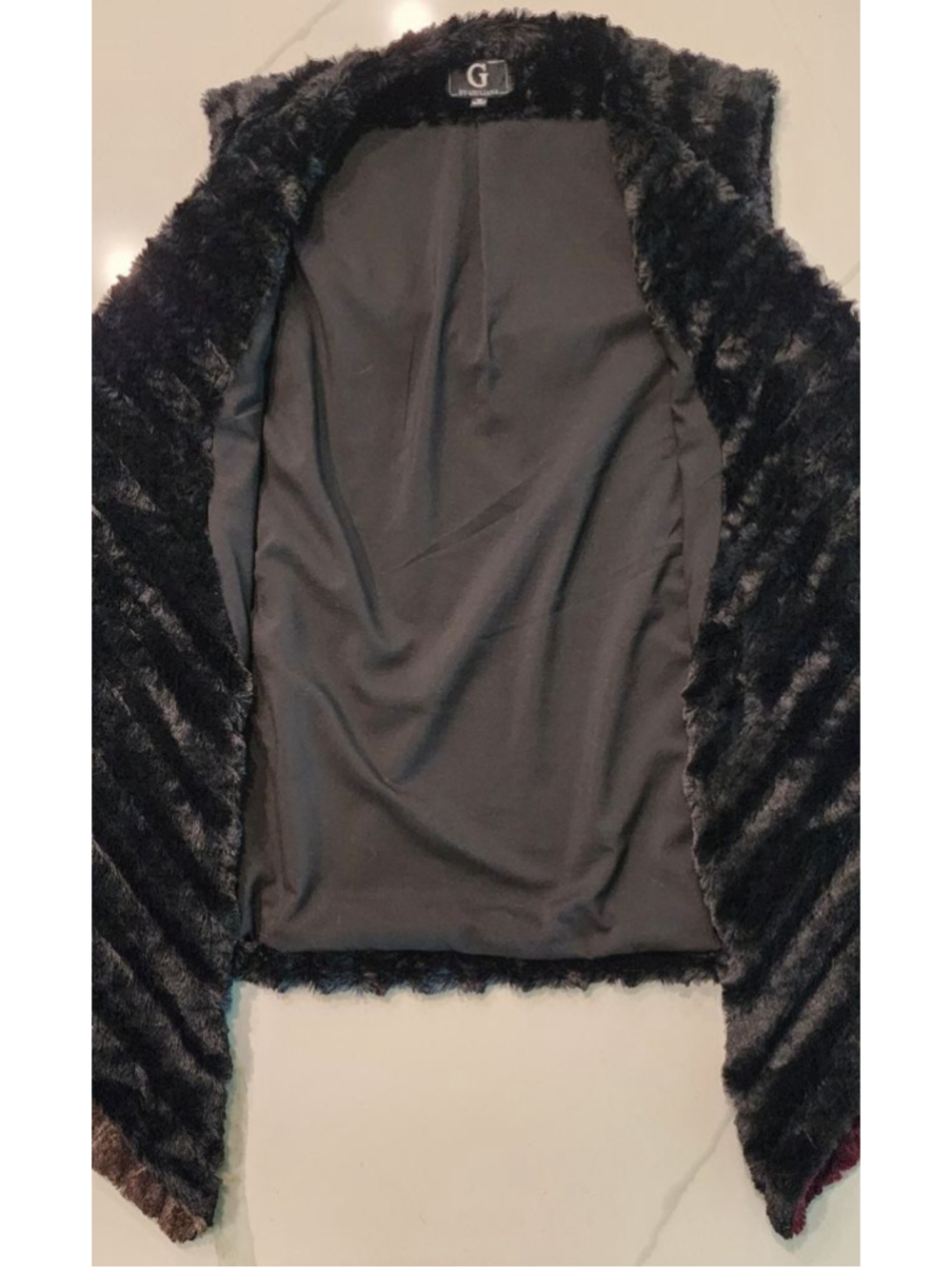 G by Giuliana Black Faux Fur Vest with Burgundy & Brown Ombre Color Block 1X - Picture 6 of 9